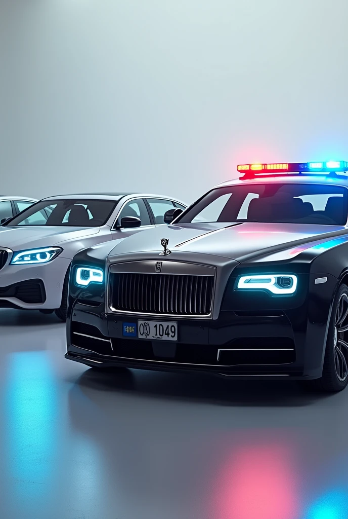 Bmw, rolls royal, mercedes benz, with police light in dashboard with number plate 0049