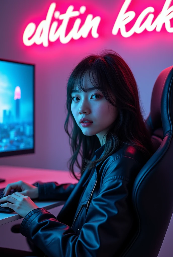 a beautiful Asian girl wearing cool clothes is sitting on a gaming chair. in a modern room. facing the monitor. you can see text on the wall that says "editin kak". neon effect