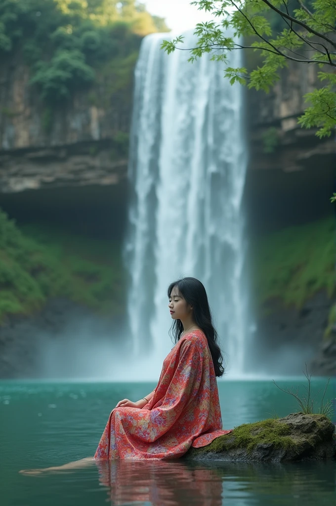 a beautiful Korean girl, chubby, wearing a half-body batik cloth, she sits in a waterfall, a calm expression and enjoys the beauty of nature. background high waterfall, green forest. photography