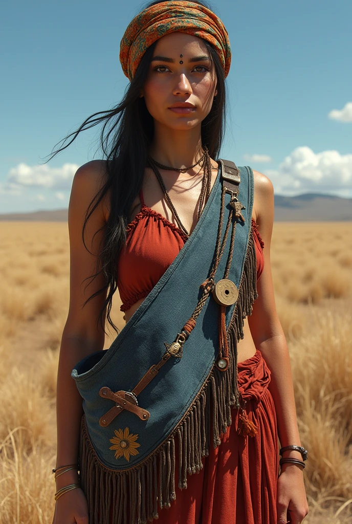Create a realistic Romani woman who has a turban around her forehead like a band. She is standing in a dried savana grass field. She is wearing antique accessories. She is wearing a hand crafted sling bag around her shoulder. The sling bag is made of denim and has long fringes made of different materials like leather, wool, thread and suede and has few antique accessories hanging over it.