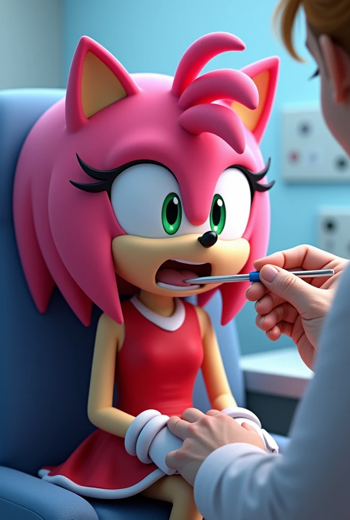 amy rose open mouth with tongue depressor on tongue at the doctor