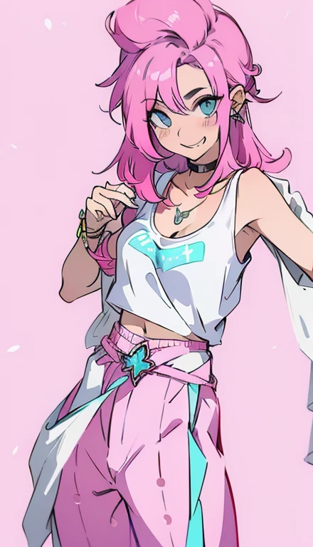 A smug narcissistic pink haired woman wearing a pink bra under a white tank top and blue pants and lots of jewelry flaunting herself