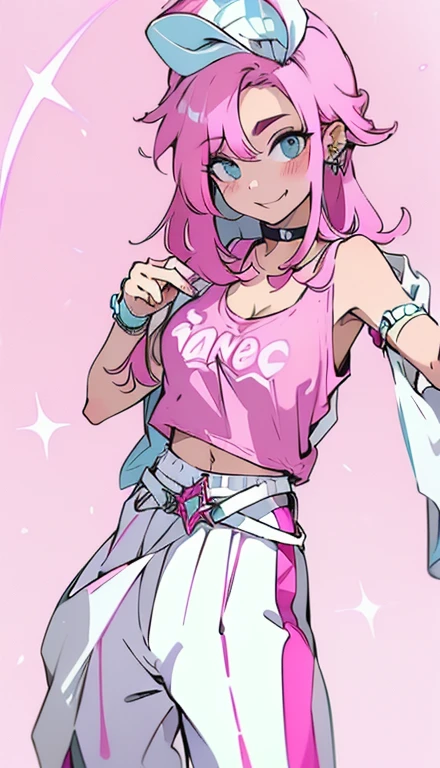 A smug narcissistic pink haired woman wearing a pink bra under a white tank top and blue pants and lots of jewelry flaunting herself