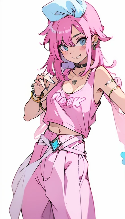 A smug narcissistic pink haired woman wearing a pink bra under a white tank top and blue pants and lots of jewelry flaunting herself 