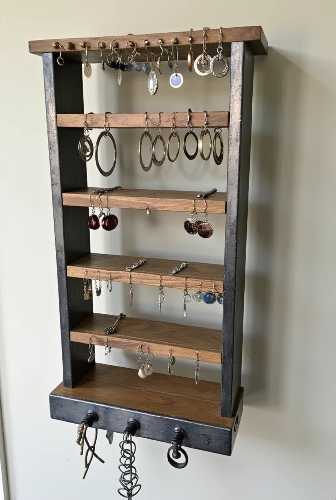 You can create a four-tiered wood and iron jewelry display for earrings with samples and an additional bracelet holder and an industrial touch with light embellishments.