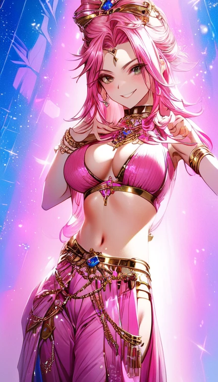A smug narcissistic pink haired woman wearing a pink bra and blue pants and lots of jewelry flaunting herself