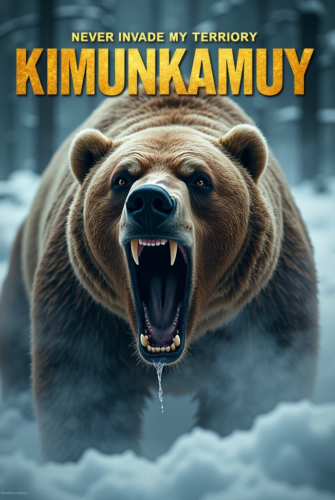 The words "KIMUNKAMUY" written in large gold letters at the top of the screen. Super realistic. Close-up of a brown bear face, from front. Opening his mouth wide and roaring, Sharp fangs in his mouth and dripping saliva. His breath turns into white steam and surrounds him. The background is the snow-covered, frigid forests of Hokkaido. He must be screaming "Never invade my territory". Official movie poster, hyper Realistic, Professional photography, Cinema Lighting