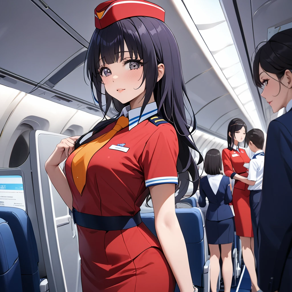 ((Highest quality)), ((masterpiece)), (detailed), (Perfect Face)、The woman is Reika Aoki with semi-long hair、The woman is a flight attendant for a Chinese airline.、She is a flight attendant in a red uniform and serves as a model for public relations activities.