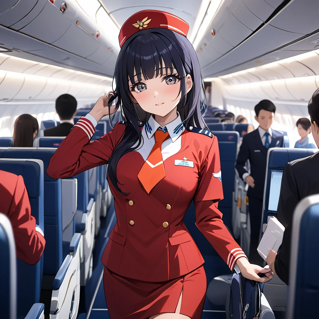 ((Highest quality)), ((masterpiece)), (detailed), (Perfect Face)、The woman is Reika Aoki with semi-long hair、The woman is a flight attendant for a Chinese airline.、She is a flight attendant in a red uniform and serves as a model for public relations activities.