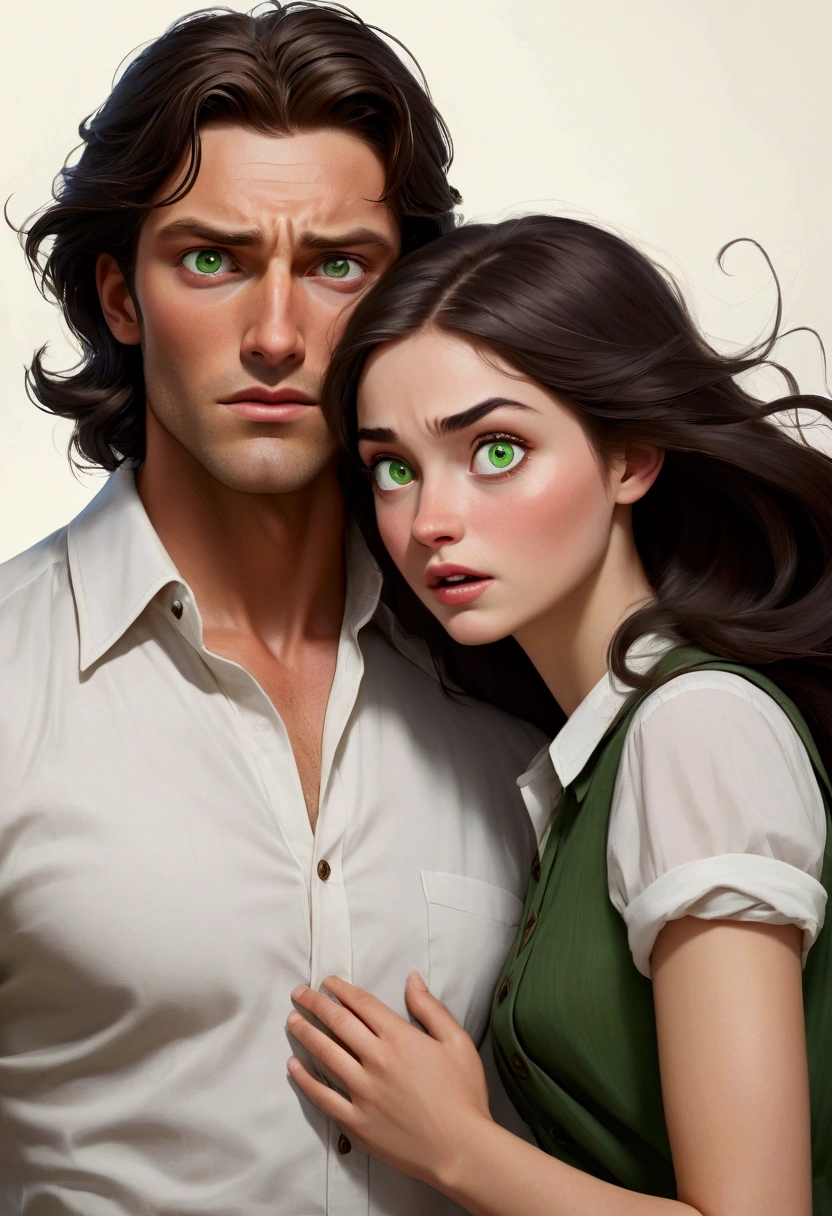 Create an image, in the style of drawing for book cover, of a young woman of about twenty-three years old with long hair, brown in color and wavy, green eyes and white skin, she must be in the arms of a man both with a slightly surprised expression, as if she had fallen and he had caught her before it happened. This man must look young too, with white skin and black hair, he must be tall and have an athletic body, broad shoulders and steady hands. Your face should be masculine with strong eyebrows and dark eyes.. Men's hair should be slightly wavy, almost smooth and black in color. She should be wearing a black pleated skirt above the knees with an ivory colored button-down long sleeve blouse., over the shirt she must be wearing a brown sleeveless sweater and tractor moccasin shoes, and he must be wearing a white button-down shirt tucked into his black pants, his shirt sleeves should be rolled up to about the elbow and a brown oxford dress shoe. The image should convey a youthful and fun air., She should look like a flustered young lady who is surprised by the situation and he should look like a firm, sarcastic man who is pleasantly surprised by the situation.