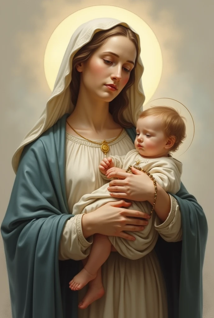 Virgin with giant Rosary in her hand and baby Jesus in her arms with clothes, looking straight ahead