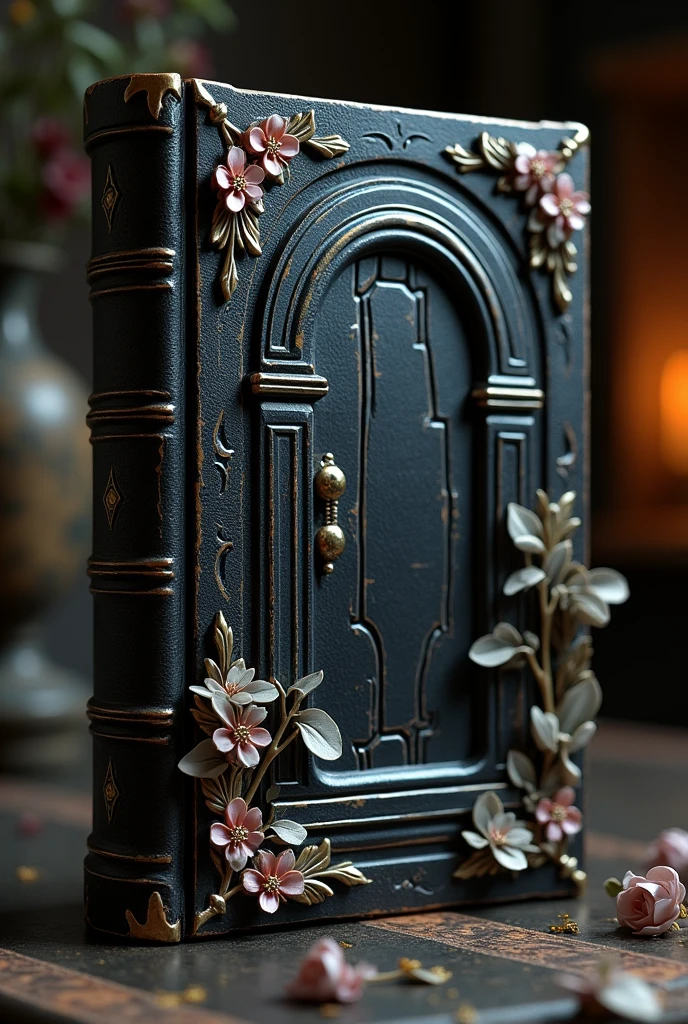 Vintage black diary with 3D small flowers and a big door
