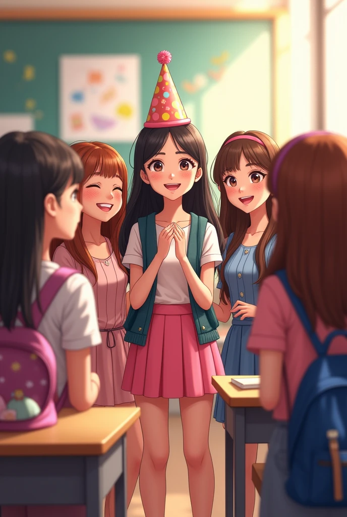 A birthday girl standing with 4-5 girls in classroom 
