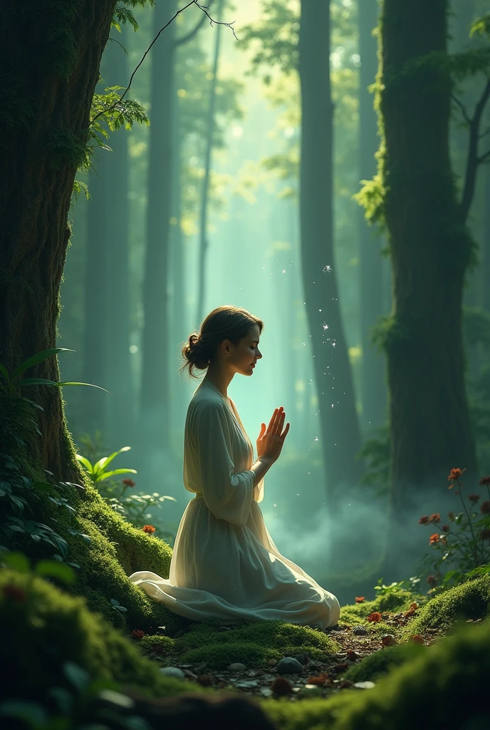 A serene woman kneeling in prayer, surrounded by a dense, mystical forest. The background is filled with tall, ancient trees, their leaves creating a natural canopy. Soft, ethereal lights float gently around her, casting a magical glow. The forest floor is covered in moss and soft foliage, and there are subtle, sparkling effects in the air, adding to the mystical atmosphere. The woman is dressed in a simple, flowing robe, her hands clasped together as she prays with a peaceful expression. The overall scene is tranquil, with a sense of divine presence in the natural surroundings.