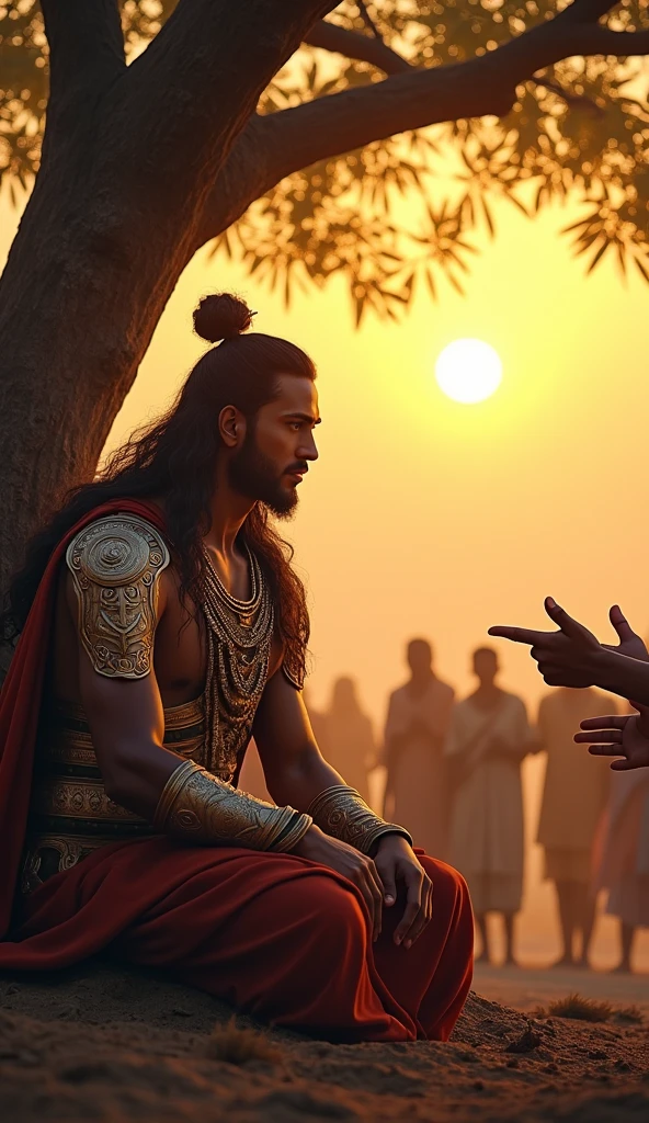 “An early morning scene with a golden sunrise. Karna, the great warrior from the Mahabharata, is sitting under a large tree with a calm expression. He is surrounded by people from different walks of life, each holding out their hands, requesting something. Karna is depicted as a regal figure, wearing traditional Indian attire with armor, generously giving away whatever is asked of him.”