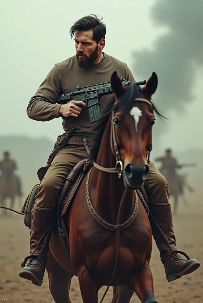 messi is driving a horse as a fighter with a gun.