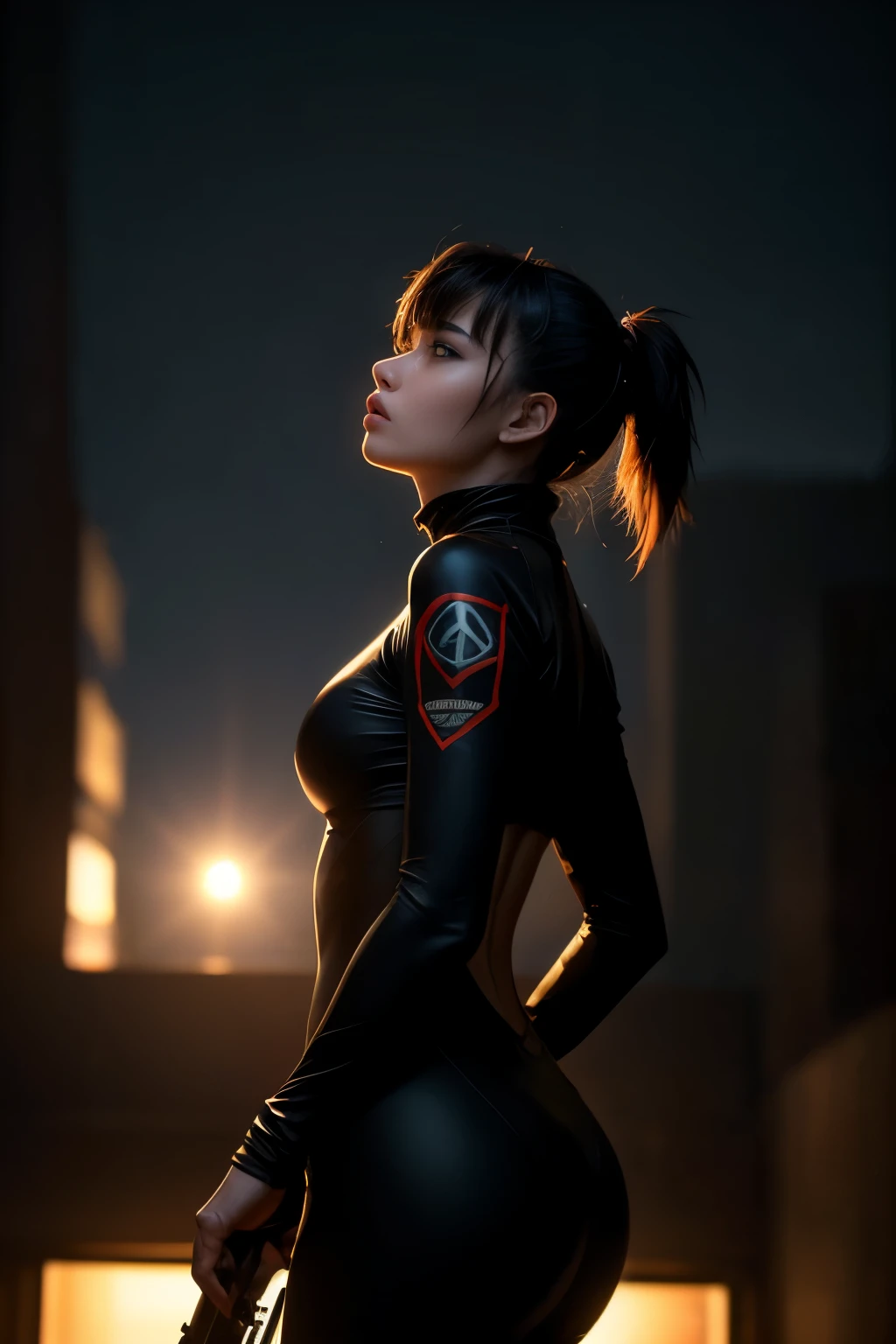 (mastrepiece:1.2,best quality,ultra detailed,powerful backlight:1.3,silhouette:1.45),, , //character, 1 solo Female mercenary,Ghost in the Shell kusanagi motoko,One eye glowing red:1.2,Facial expression Murderous look,Looking down on the city.black lether tight suit:1.2, hand holding an huge anti-tank rifle (Winchester Williams .50),Standing Pose,(looking up angle:1.35), , //back ground, in Rooftop of a building at night back ground:1.2,,8k,unrealengine5.unity.octanerender