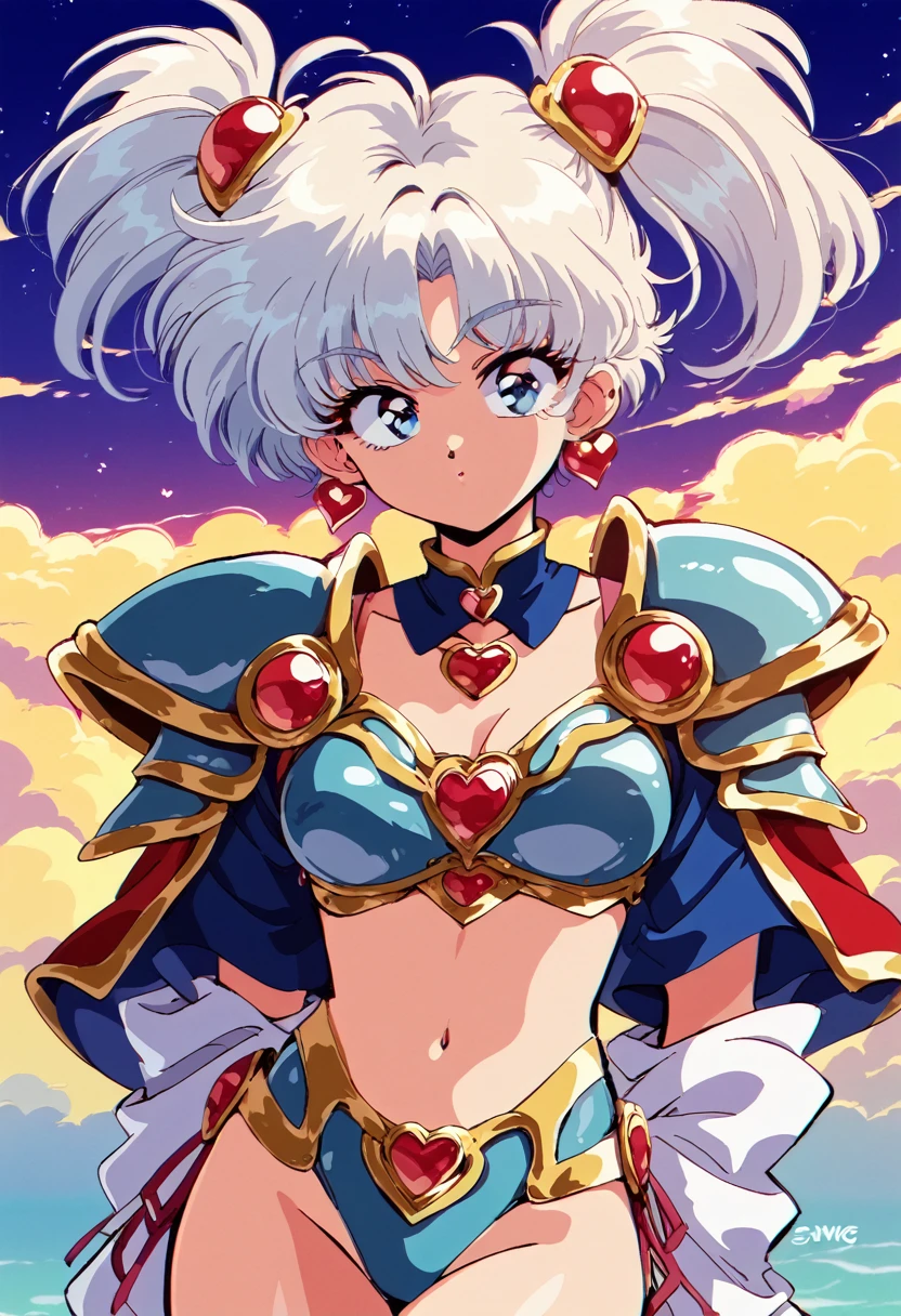"(Yag:1.1), score_9, score_8_superior, score_8, japan anime, retro anime style, anime screencap, anime coloring, One girl, Twin tails, Exquisitely detailed body, Sexy Face, Bikini Armor, Shoulder pads, heart jewelry, sleeve, Sexy pose, View your viewers