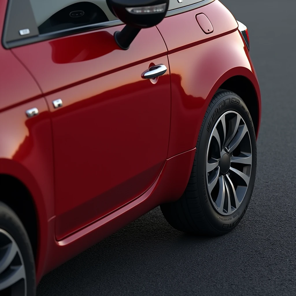 fiat red car on asphalt with misaligned tire, ultra-realistic, 8k resolution, sharp focus