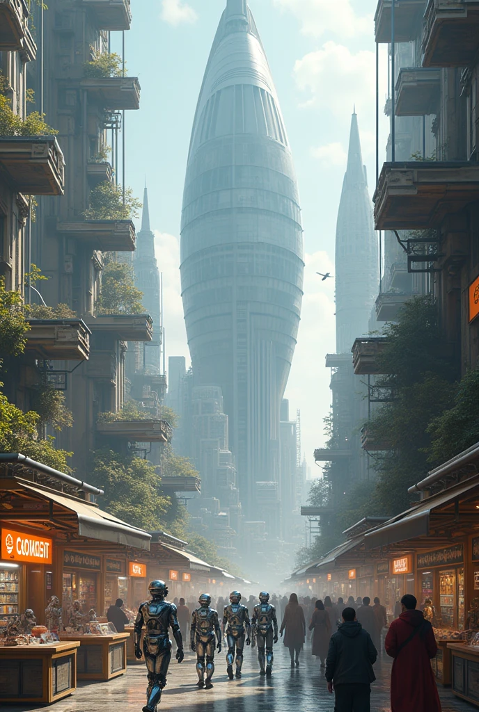 A new world where buildings like spaceships are standing tall. Robots are trading in electrical shops below. Humans are shopping for goods.But in another part the scary sight of humans and robots fighting
