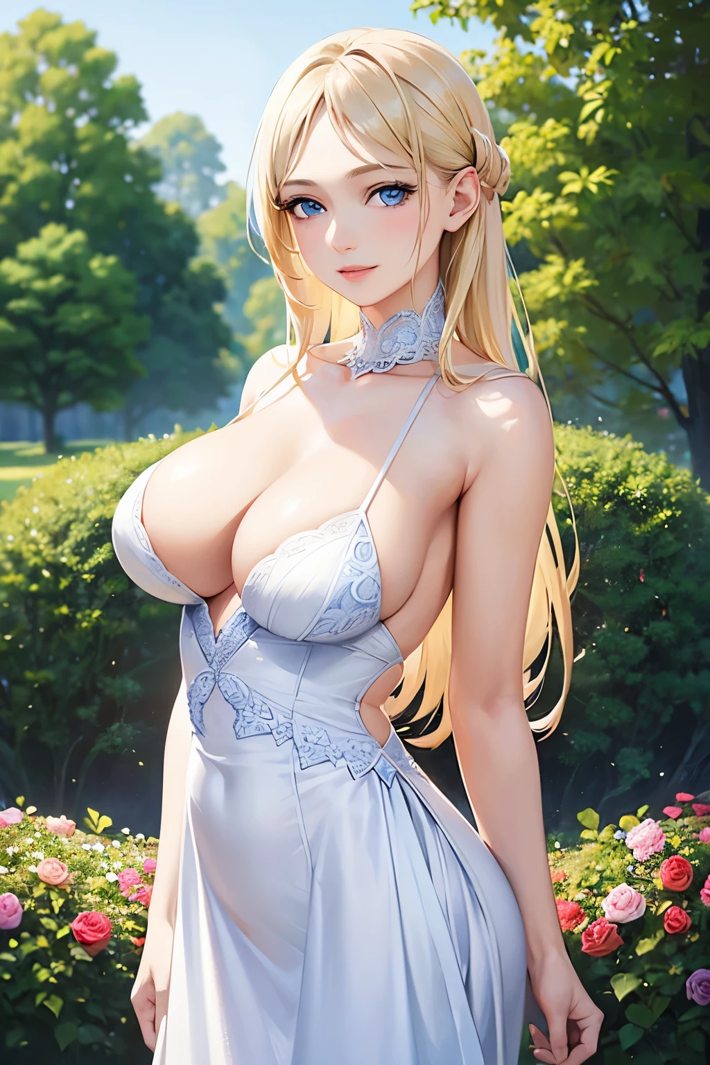 a girl ,8k, (masterpiece:1.2), (realistic, photo-realistic),large breast , blonde white skin, blue eyes, elegant dress, jewelry, in a blooming garden, giving a cute smile, delicate face, detailed skin, realistic skin details, visible pores