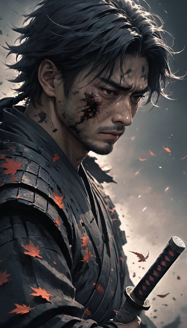 potrait intricate postures a samurai looks sad with a disappointed look on his face, his empty eyes look brooding, he is holding his katana, wearing black armor, cinematic, like in a movie, very detailed, low congtrast gray color, aura like full of disappointment, his face is full of wounds because he is ready from fighting who defeated his opponent, cinematic light from the side, sharp depth field towards his face. his body is full of wounds, leaves are flying with motion blur (i won but at what cost?)