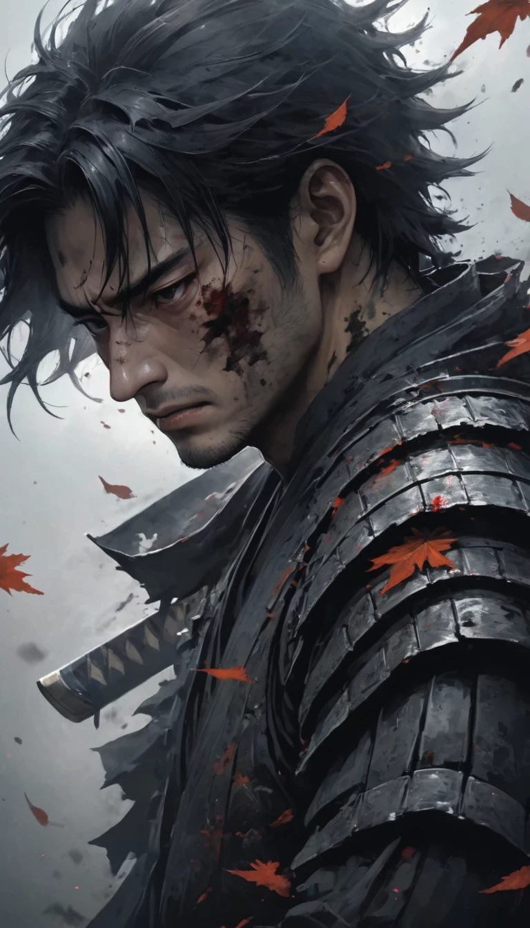 potrait intricate postures a samurai looks sad with a disappointed look on his face, his empty eyes look brooding, he is holding his katana, wearing black armor, cinematic, like in a movie, very detailed, low congtrast gray color, aura like full of disappointment, his face is full of wounds because he is ready from fighting who defeated his opponent, cinematic light from the side, sharp depth field towards his face. his body is full of wounds, leaves are flying with motion blur (i won but at what cost?)