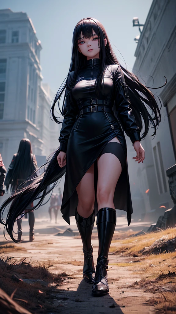 a young girl with long black hair wearing a black jacket, black dress, and red stockings, walking alone on a battlefield under the light of a full moon, (1girl, perfect detailed eyes, beautiful detailed face, extremely detailed, high quality, 8k, ultra-detailed, photorealistic, 3D, video game), masterpiece