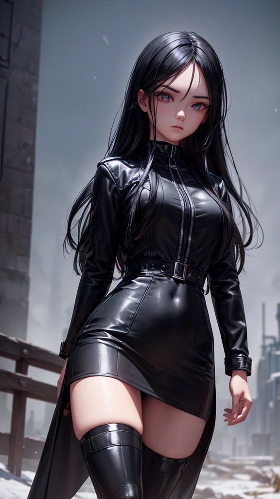 a young girl with long black hair wearing a black jacket, black dress, and red stockings, walking alone on a battlefield under the light of a full moon, (1girl, perfect detailed eyes, beautiful detailed face, extremely detailed, high quality, 8k, ultra-detailed, photorealistic, 3D, video game), masterpiece