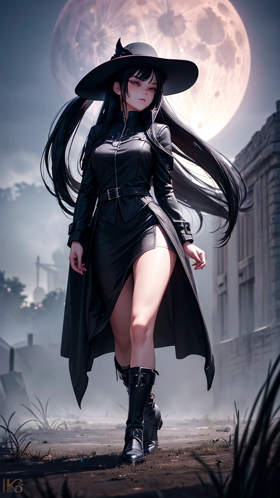 a young girl with long black hair wearing a black jacket, black dress, and red stockings, walking alone on a battlefield under the light of a full moon, (1girl, perfect detailed eyes, beautiful detailed face, extremely detailed, high quality, 8k, ultra-detailed, photorealistic, 3D, video game), masterpiece