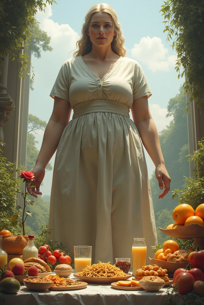 A huge, strong, giant girl wearing modest clothes carrying a small rose behind her, many types of delicious morning foods as humans do, realistic, real, high-resolution details, full picture like reality