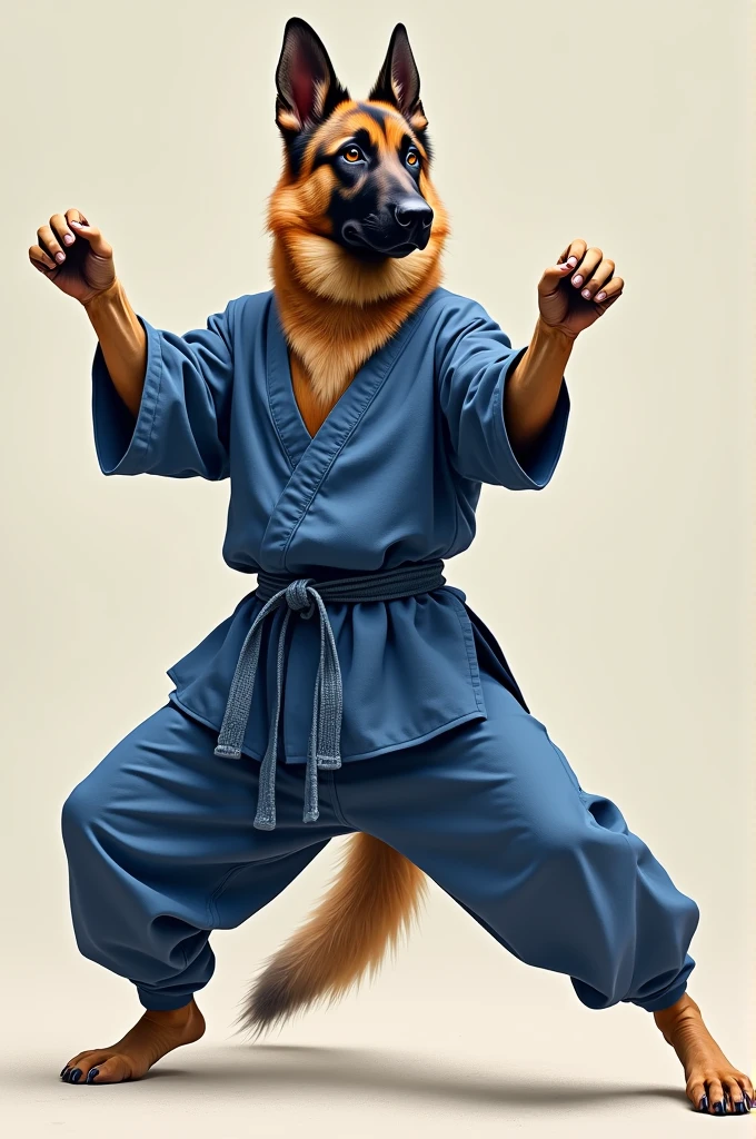 A German Shepherd. Wearing a blue camouflage martial arts outfit. Doing kung fu.  