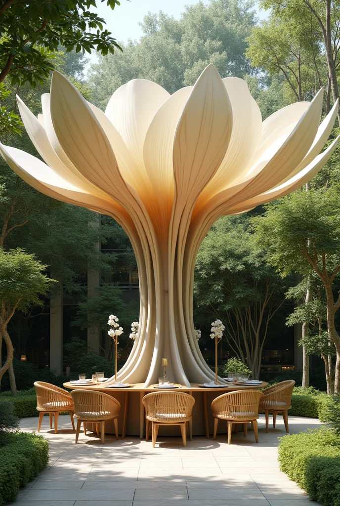 a pavilion in the shape of a large flower and its support is low and shaped like a stem and that under this pavilion there are four chairs and four tables