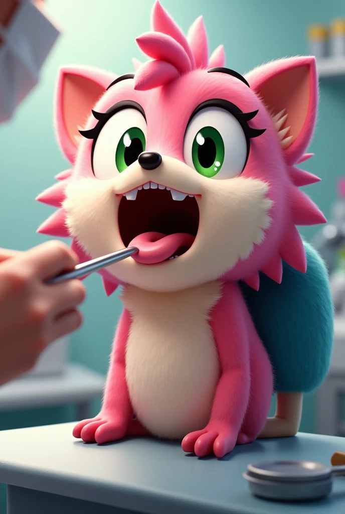 amy rose open mouth with tongue depressor on tongue at the doctor tongue out 