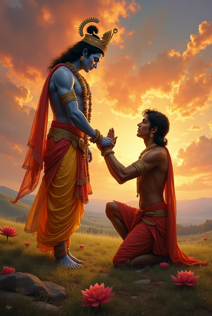 Arjuna touches Krishna feet