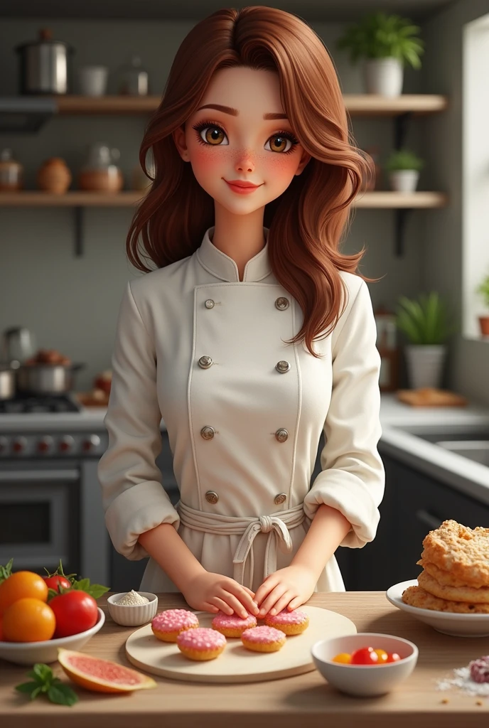  
Pastry chef woman brown hair with freckles and