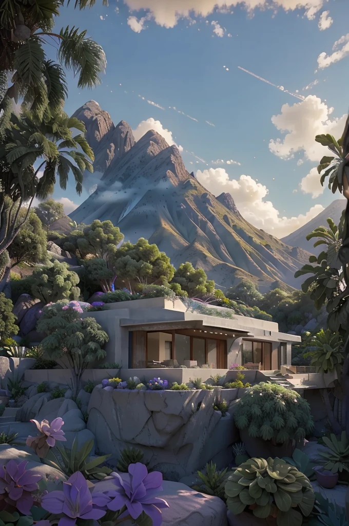 small and beautiful modern house in top of big boulders, terraces, pool, stairs, multiple cacti gardens, palms, trees, rocks, beautiful landscape design, mountains and volcano y background, amazing clouds, sun, moon, planets, milky way galaxy, concrete, wood, glass and steel materials, olive green, violet, orange and withe colors in facade