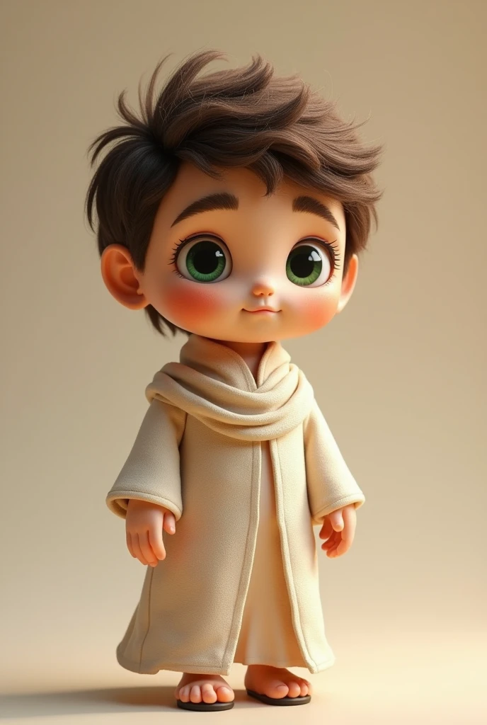 Stuffed boy with arabic thawb green eyes and bushy eyebrows