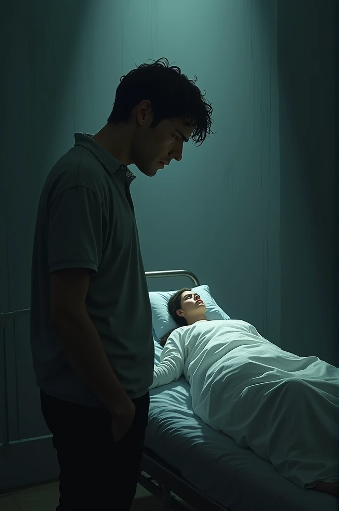 Here is the image depicting the sorrowful scene where a man is standing beside the stretcher, looking at his dead wife.
