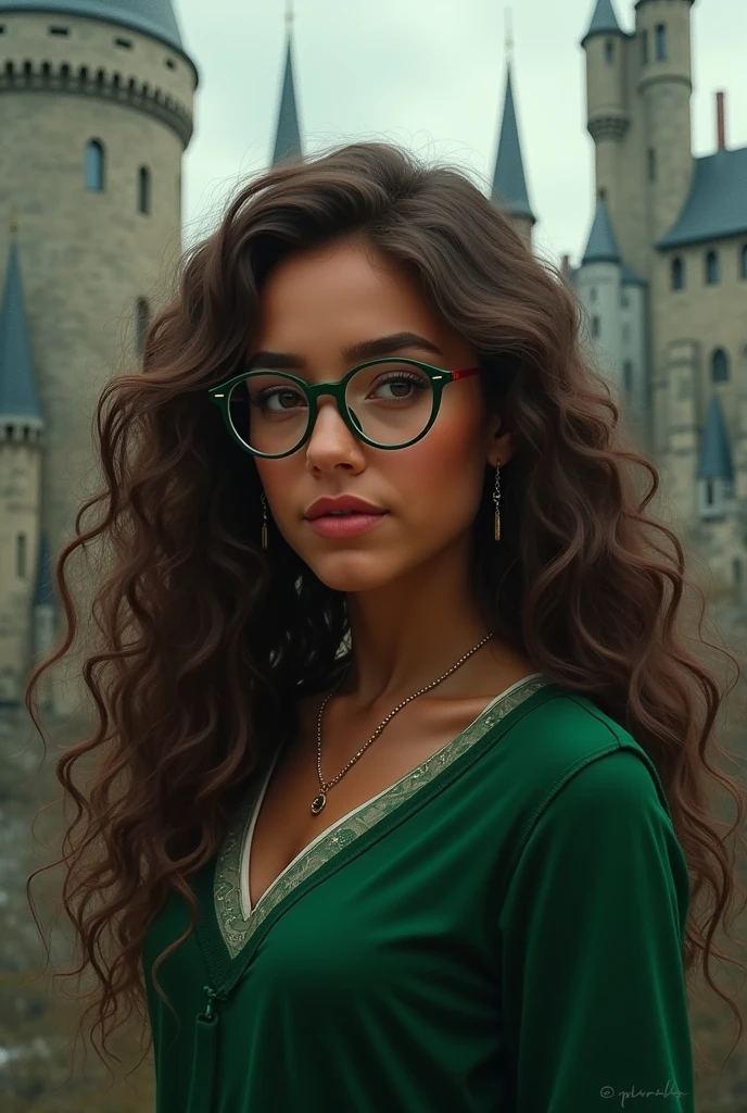 Create a profile icon of me as a Slytherin student at Hogwarts. My skin is almost light brown, I have curls, long hair and brown eyes and wears glasses.