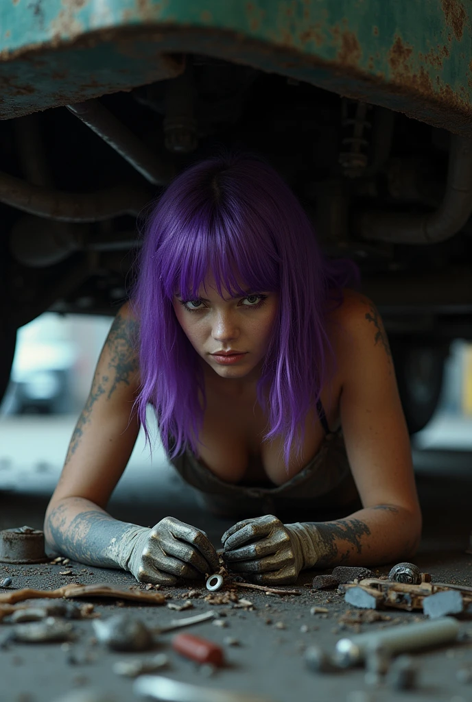 A real person with purple hair lies on the ground underneath a vehicle, working on a mechanical component. Their arms and skin are covered in grease and dirt, indicating hands-on labor. They without clothe, showing focused determination in their expression. Tools are visible nearby, along with a jack supporting the vehicle. The environment appears dimly lit, enhancing the gritty atmosphere of the task.