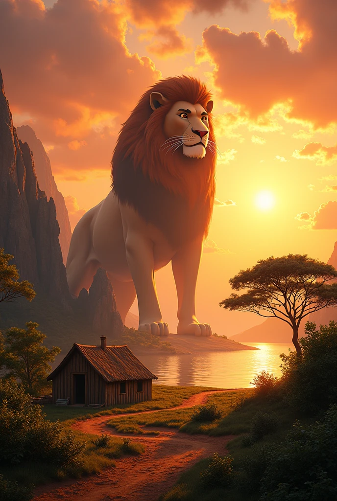 A stunning landscape of the African wilderness, a beautiful sunrise over a tranquil lake, a very small African hut on one side of the scene, dramatic cinematic lighting, majestic rock formations, no animals or evil, stunning view, extreme detail, (best quality, 4k, 8k, high definition, masterpiece: 1.2), extreme detail, (realistic, realistic, photorealistic: 1.37), dramatic lighting, cinematic composition Pixar style close to the Lion King animation The land area is larger than the lake Trees and rocks Attention to precise theatrical perspective High quality on the scale of theatrical design Clear details Greek character dominates the place, D&D game. Cartoon style