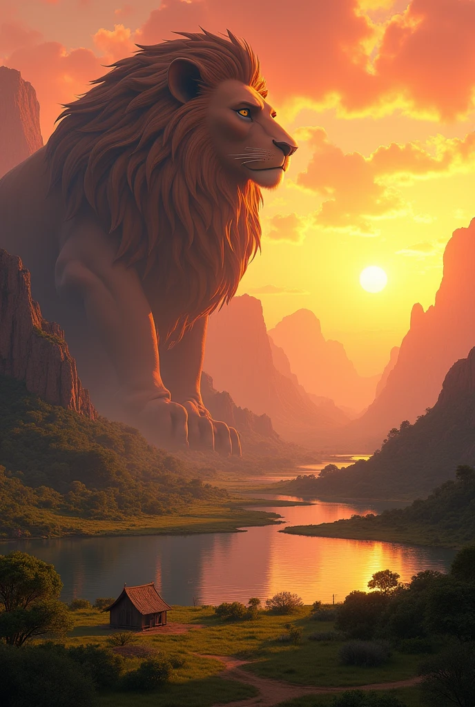 A stunning landscape of the African wilderness, a beautiful sunrise over a tranquil lake, a very small African hut on one side of the scene, dramatic cinematic lighting, majestic rock formations, no animals or evil, stunning view, extreme detail, (best quality, 4k, 8k, high definition, masterpiece: 1.2), extreme detail, (realistic, realistic, photorealistic: 1.37), dramatic lighting, cinematic composition Pixar style close to the Lion King animation The land area is larger than the lake Trees and rocks Attention to precise theatrical perspective High quality on the scale of theatrical design Clear details Greek character dominates the place, D&D game. Cartoon style