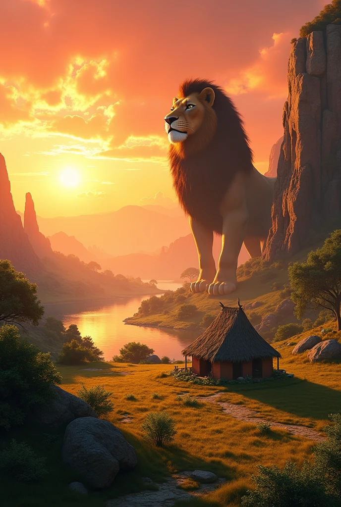A stunning landscape of the African wilderness, a beautiful sunrise over a tranquil lake, a very small African hut on one side of the scene, dramatic cinematic lighting, majestic rock formations, no animals or evil, stunning view, extreme detail, (best quality, 4k, 8k, high definition, masterpiece: 1.2), extreme detail, (realistic, realistic, photorealistic: 1.37), dramatic lighting, cinematic composition Pixar style close to the Lion King animation The land area is larger than the lake Trees and rocks Attention to precise theatrical perspective High quality on the scale of theatrical design Clear details Greek character dominates the place, D&D game. Cartoon style
