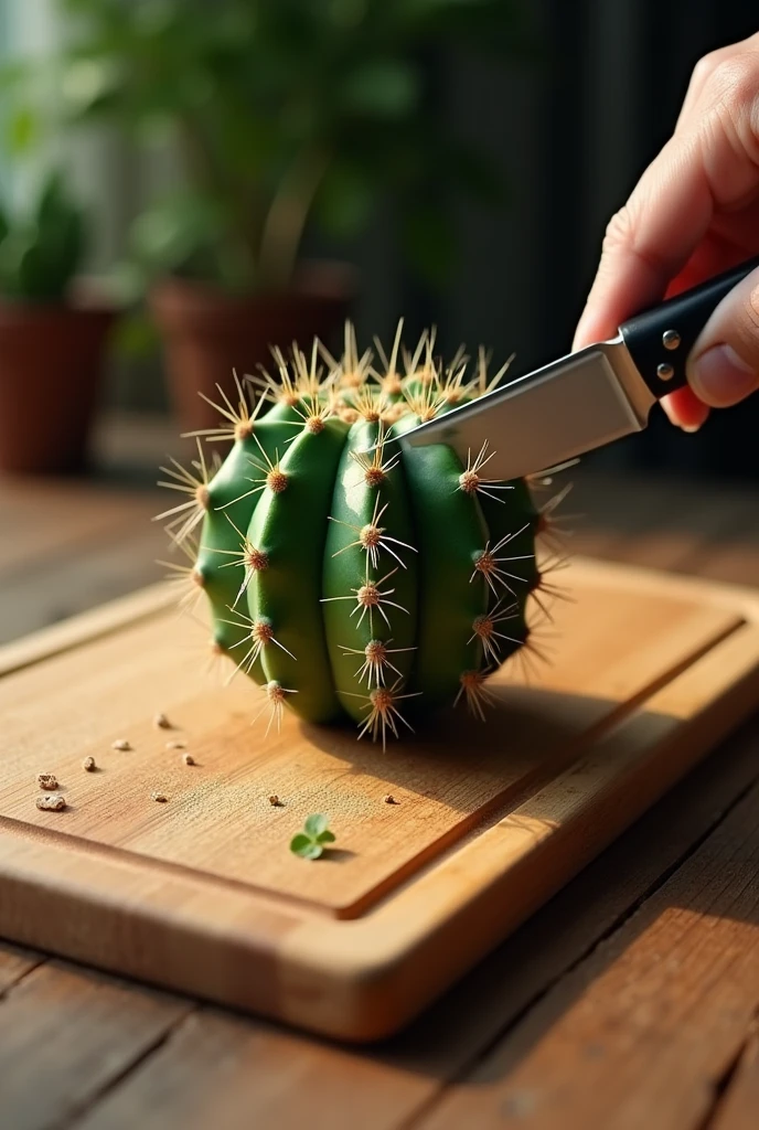 Cactus on a table, cut cactus with knife, realistic, cutting cactus on board 