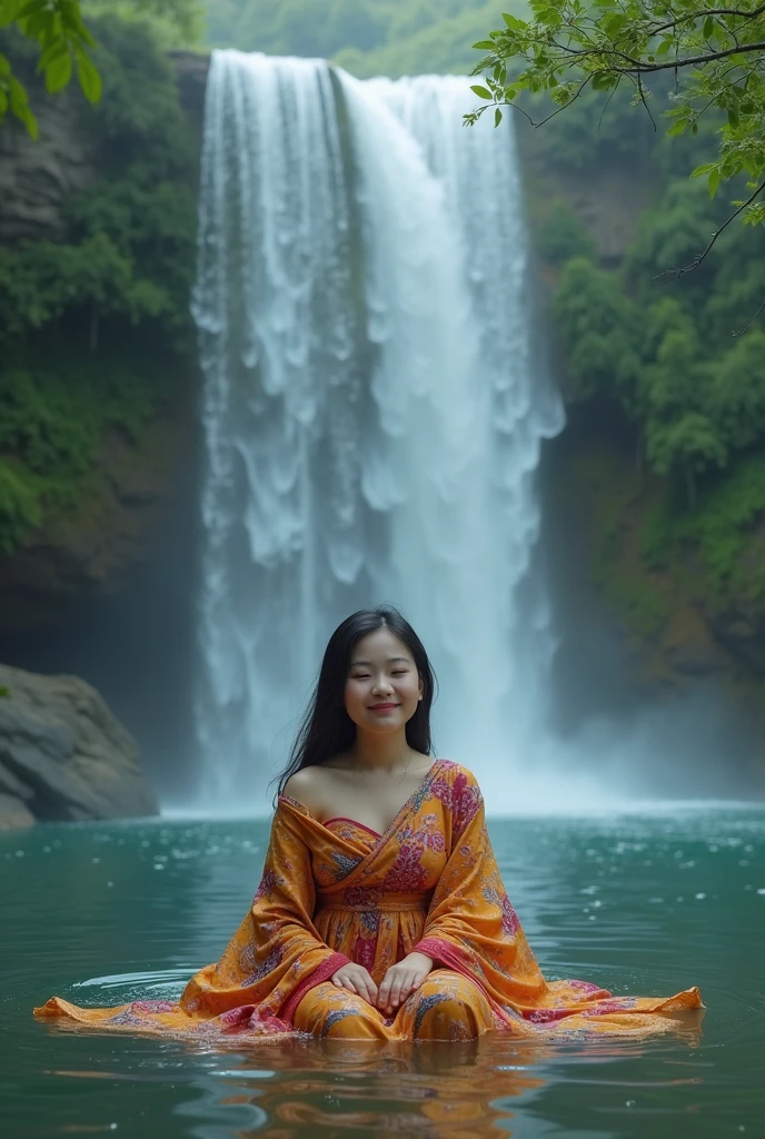 a beautiful Korean girl, chubby, wearing a half-body batik cloth, she sits in a waterfall, a calm expression and enjoys the beauty of nature. background high waterfall, green forest. photography