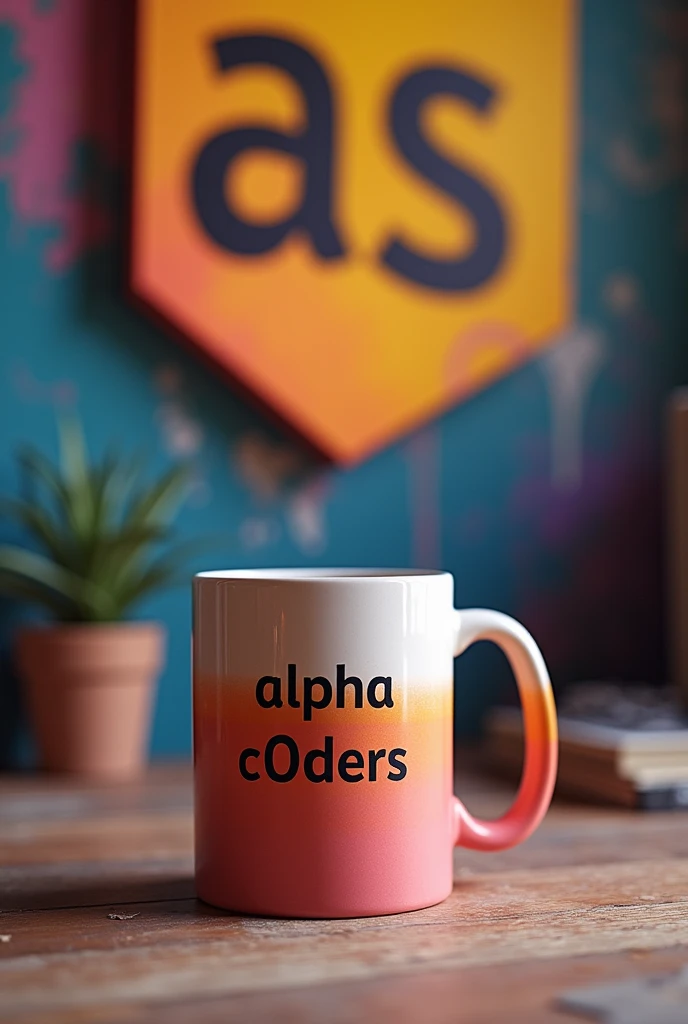 Coffee mug with a youthful design, with an engraving that says "alpha C0ders", which reflects youth, intelligence, perseverance, courage. In the background a wall with a large painting with the logo of the JavaScript programming language