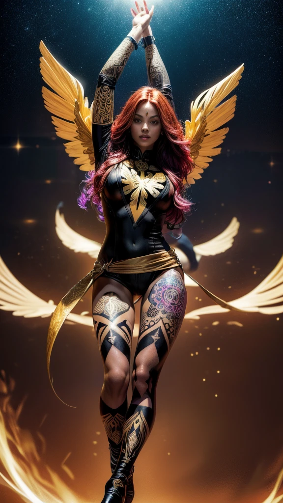 1girl, solo, Jean Grey of X-men, high leg cut out unitard of black and gold, boob window in unitard, ((thighs showing)), ((calf-high boots)), (color mandala tattoos on thighs:1.37), wings on hips, floating in space, arms out in power pose, contrapposto stance, dramatically colorful cosmic background, moody lighting, 16k, best quality, masterpiece, (wide angle:1.27), full length portrait