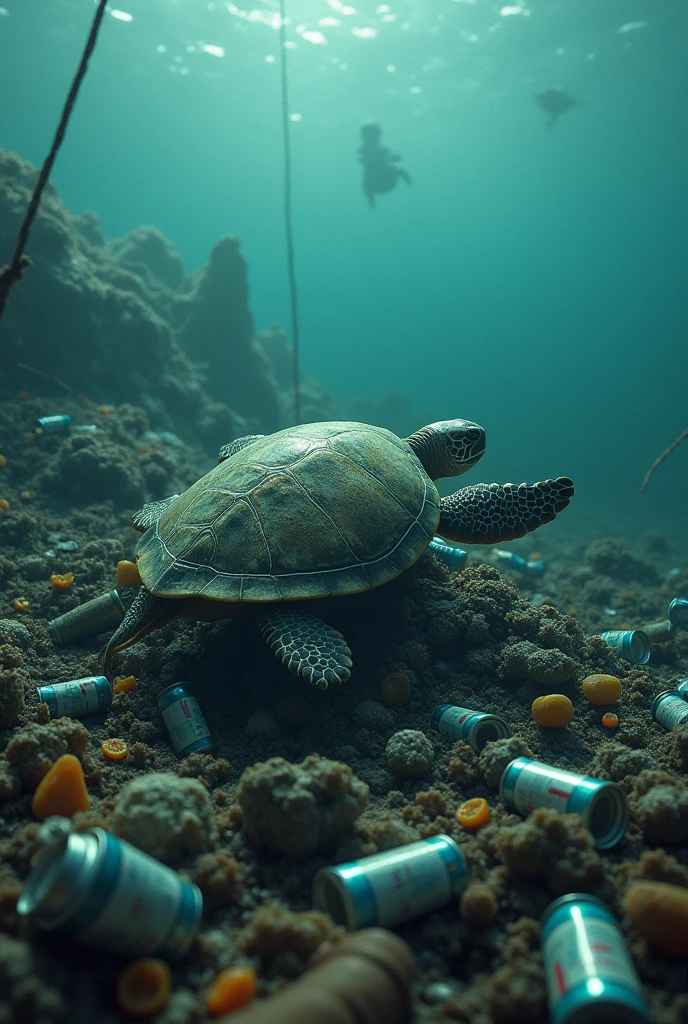 Sea fully with trash and have a turtle