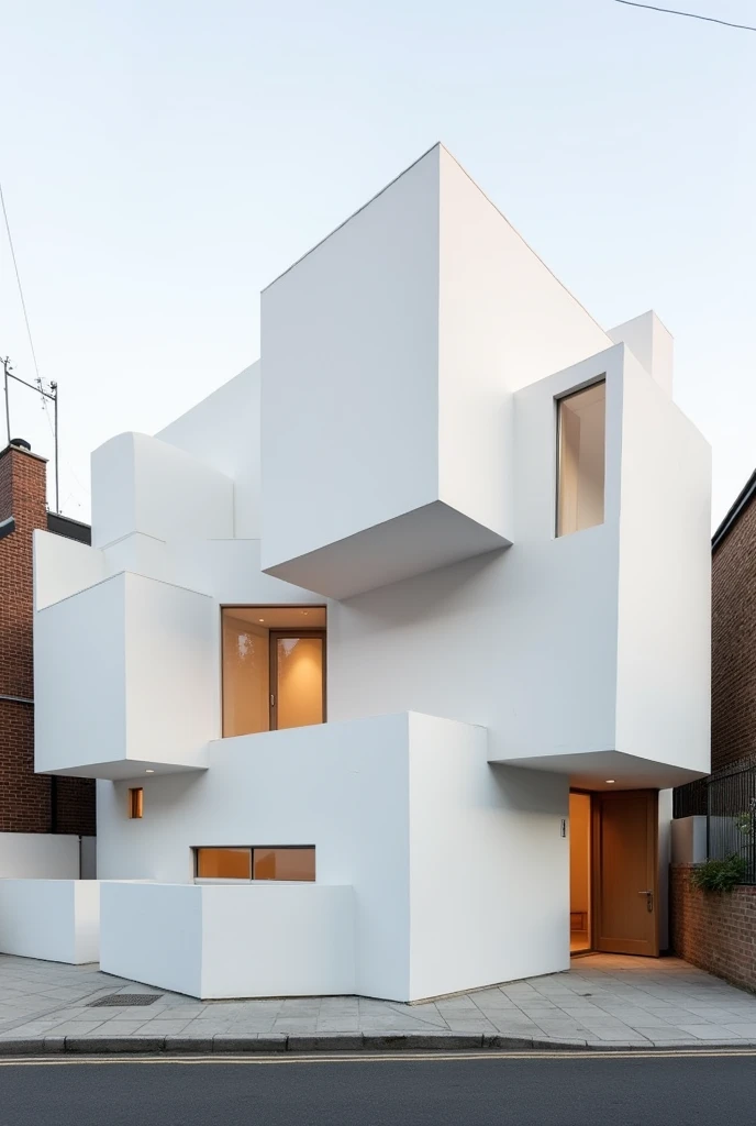 "Create an artistic photograph of a modern contemporary home designed by SANAA architects. The house should feature cube-shaped spaces and partitions with a sleek, minimalist design. The exterior should be predominantly white, highlighting a clean and modern aesthetic. Capture the scene with a close, frontal view, emphasizing the geometric structure of the home. The setting is a street in London, blending the contemporary architecture with the urban surroundings.
